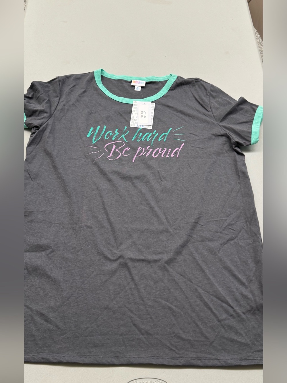 LuLaRoe Liv Ringer T Charcoal Tee with Mint and Lavender Graphic